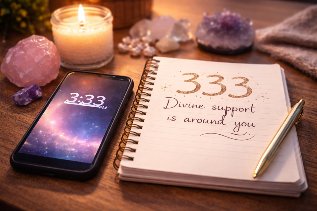 Angel number 333 meaning divine support and spiritual guidance with 3:33 time on phone.