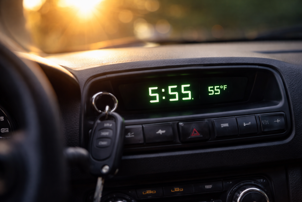 Angel number 555 meaning change and transformation shown on a car dashboard digital clock displaying 5:55.