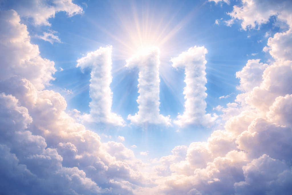Angel number 111 in the sky formed by clouds representing manifestation, spiritual awakening and new beginnings.