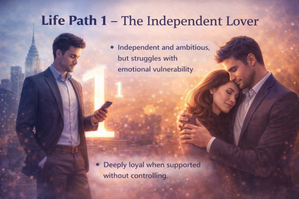 Life Path 1 numerology meaning showing independent lover personality traits and relationship tendencies.