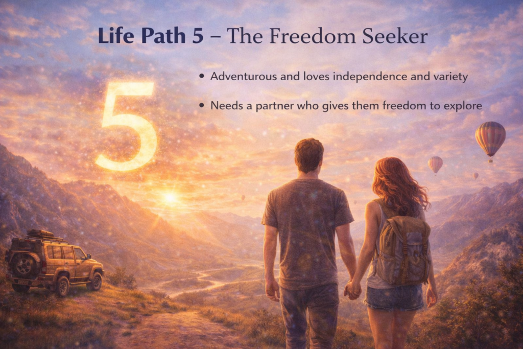Life Path Number 5 numerology personality traits representing freedom seeker energy, adventure and independent relationship nature.