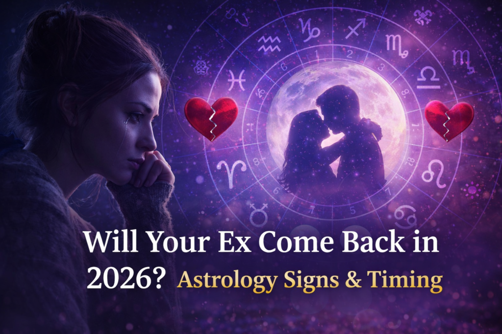 Will your ex come back in 2026 astrology signs and timing concept with zodiac wheel, broken heart and couple silhouette