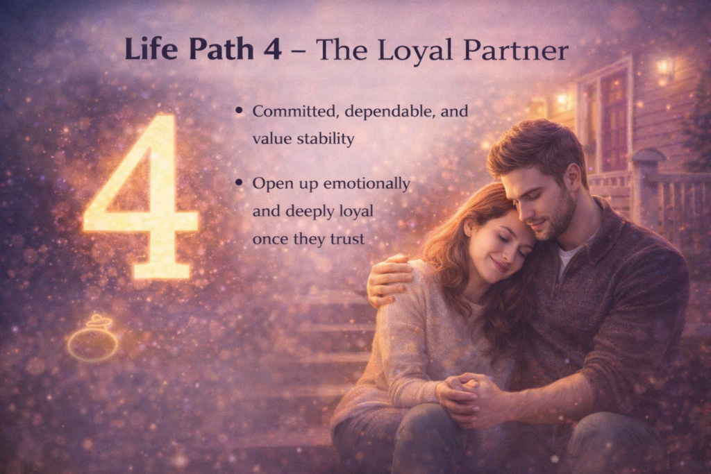 Life Path Number 4 numerology personality representing loyal partner energy, stability and commitment in relationships.