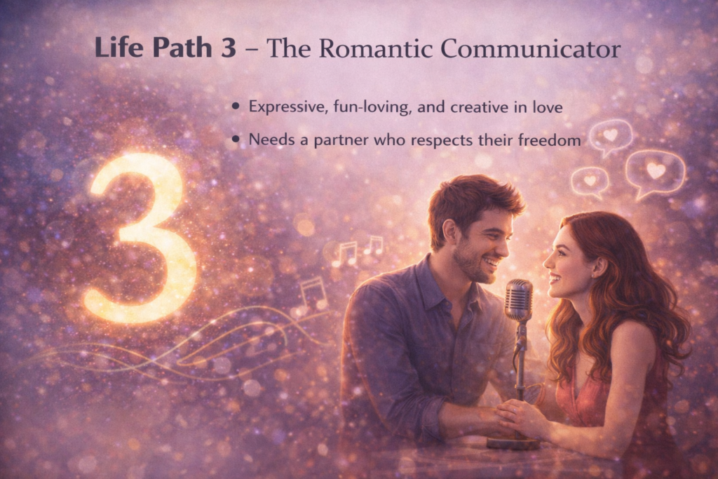 Life Path Number 3 numerology personality traits representing romantic communicator energy and expressive love nature.