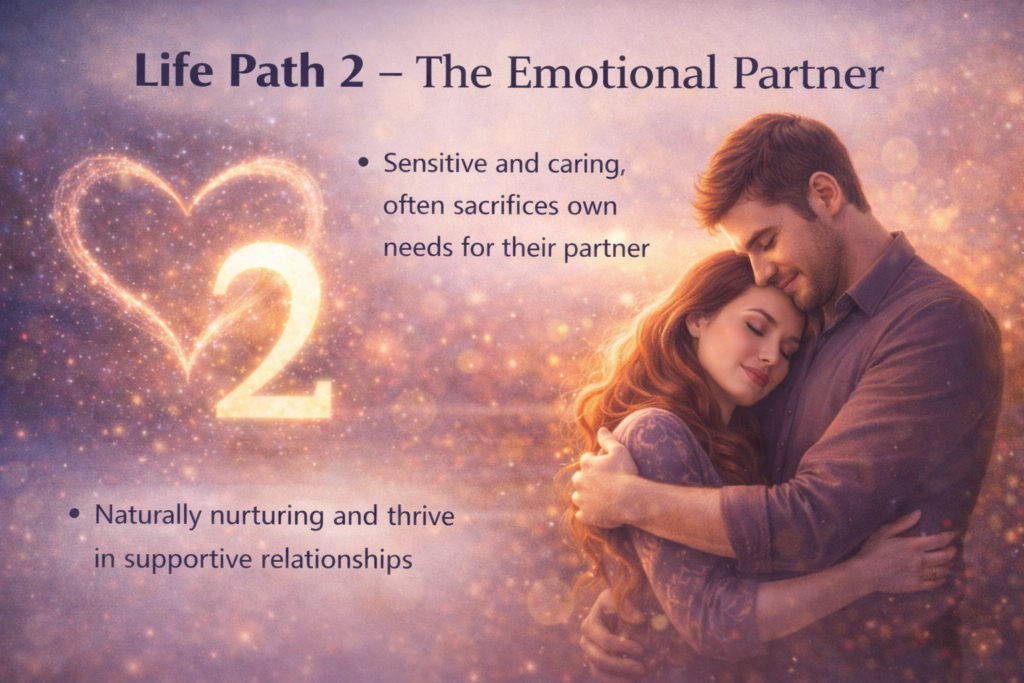 Life Path Number 2 numerology personality traits showing emotional partner energy and nurturing relationship nature.