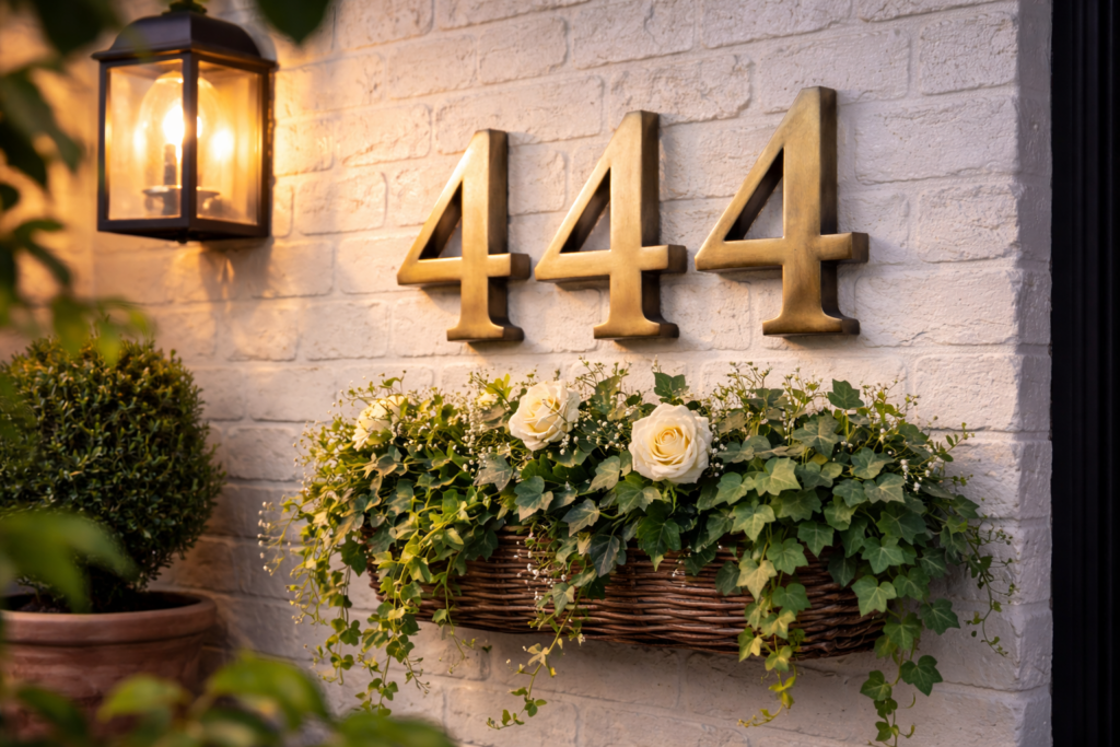 Angel number 444 representing protection, stability and spiritual guidance shown as a house number on a wall.