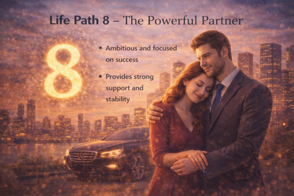 Life Path Number 8 numerology personality traits representing powerful partner energy, ambition, success and stability in relationships.