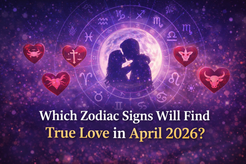which zodiac signs will find true love in april 2026 astrology prediction with couple silhouette and zodiac wheel 